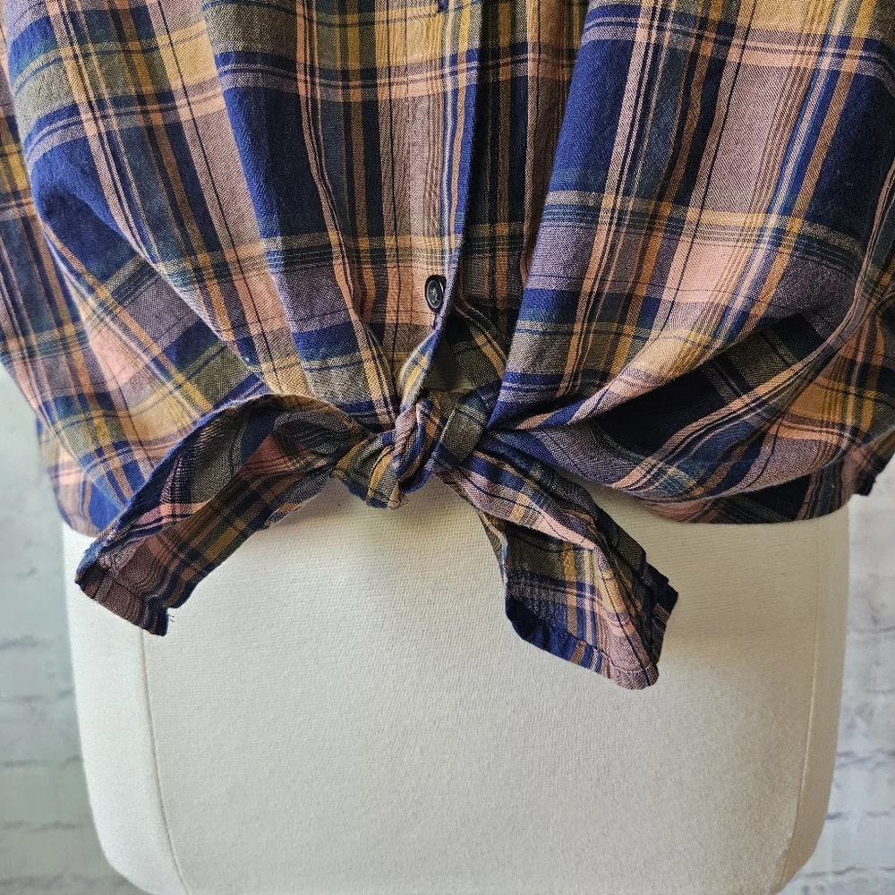 Madewell Plaid Tie Hem Button Front Short Sleeve Shirt Navy Blue Peach Medium - Picture 6 of 12